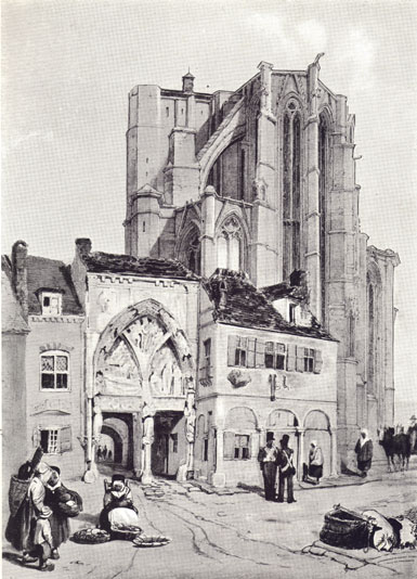Black and white paintig by T. S. Boys of the unfinished Abbey of St. Amand, with people on the street before it.
