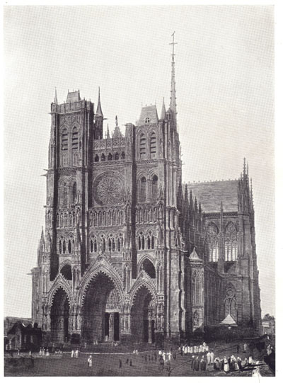 Black and white drawing by C. Wild of the West Front of Amiens Cathedral, a Gothic building, with very small figures in the foreground showing how tall it is in comparison.