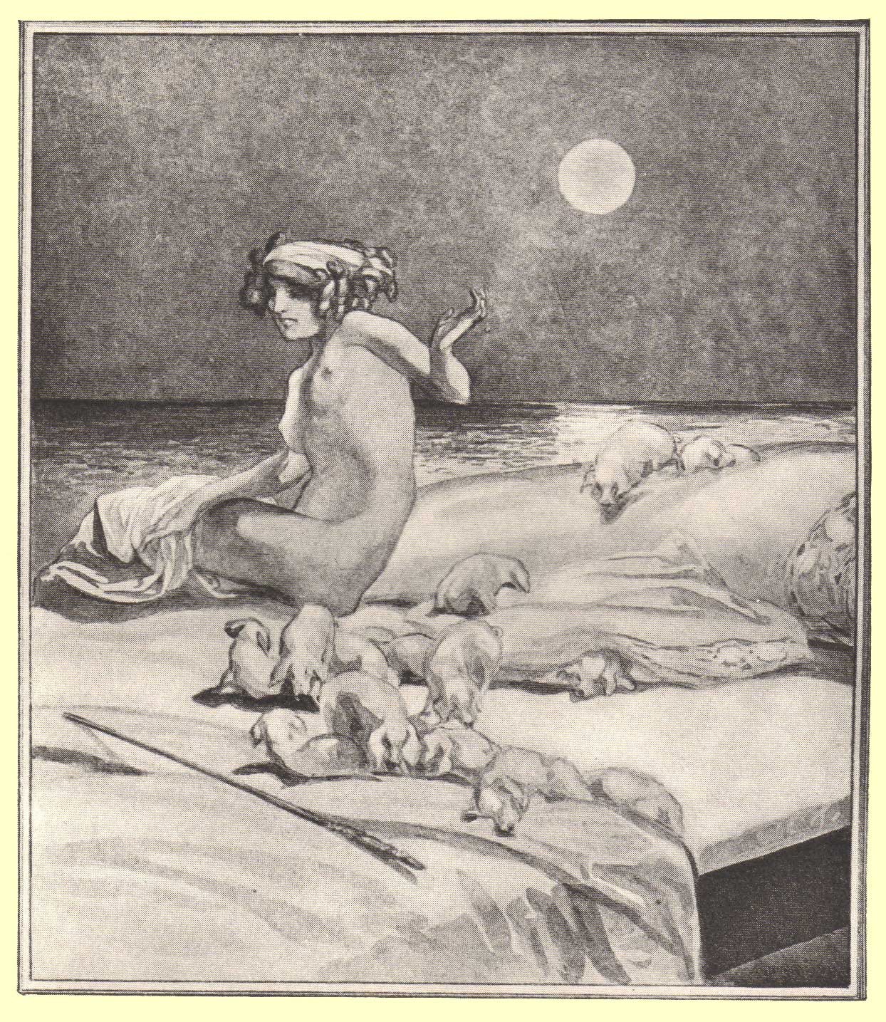 Picture of a seated nude girl on a bed with a flock of sheep in huddles on it as well, the full moon is in the background, by Marquis de Bayros.