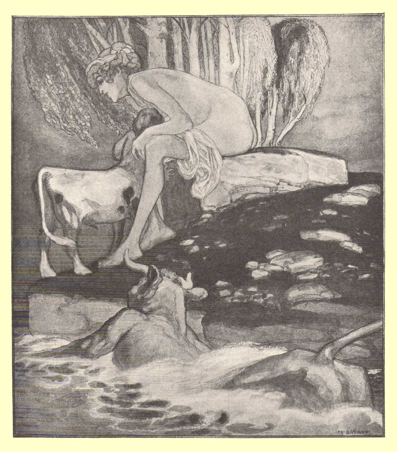 Picture of a naked woman seated on a rock, nursing a young half-boy, half-cow, with a bull swimming in a pond looking on.