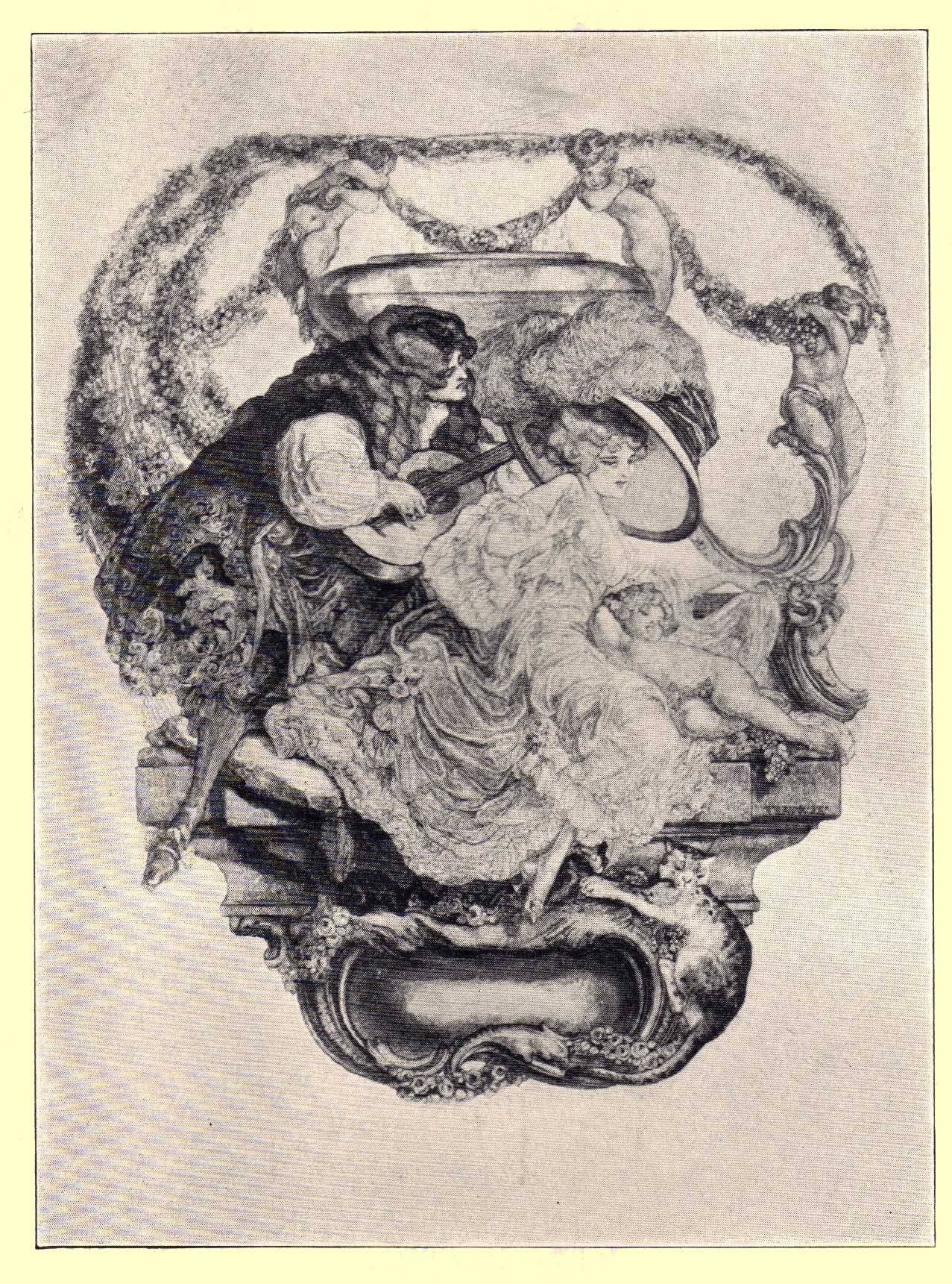 Picture of a man with long curly hair serenading, with a guitar, a lady in a lacy dress, with cherubs holding garlands in the background, by Marquis de Bayros.