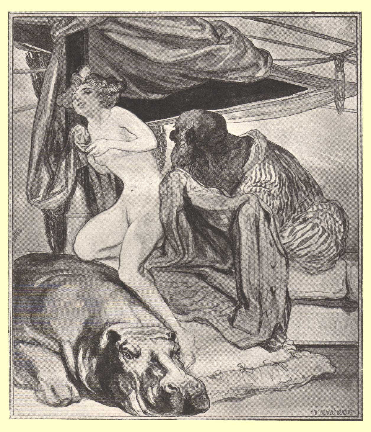 Picture of a nude girl sitting on a couch with a man looking after covered in a robe and a hippo lying at their feet, by Marquis de Bayros.