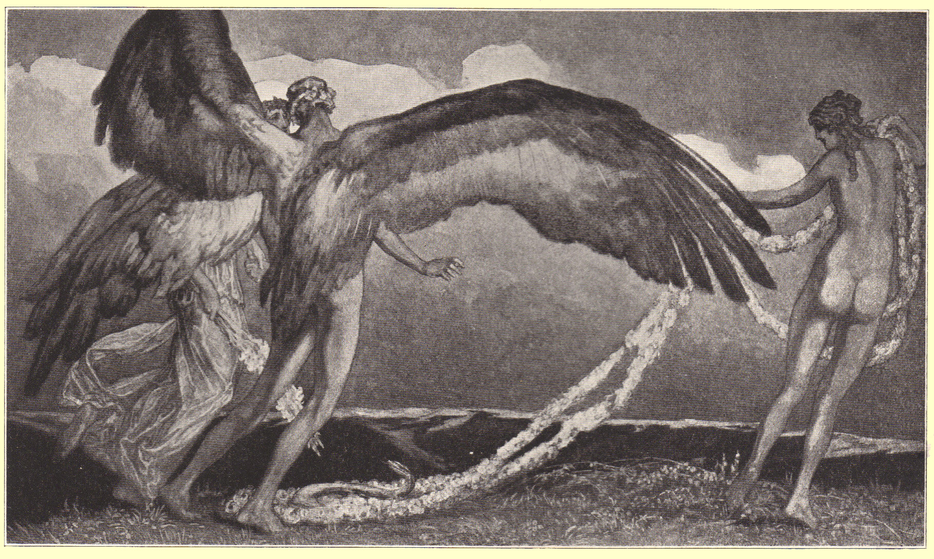 A picture of a male nude with huge wings, advancing on a nude female with a long garland in her hand, by Marquis de Bayros.