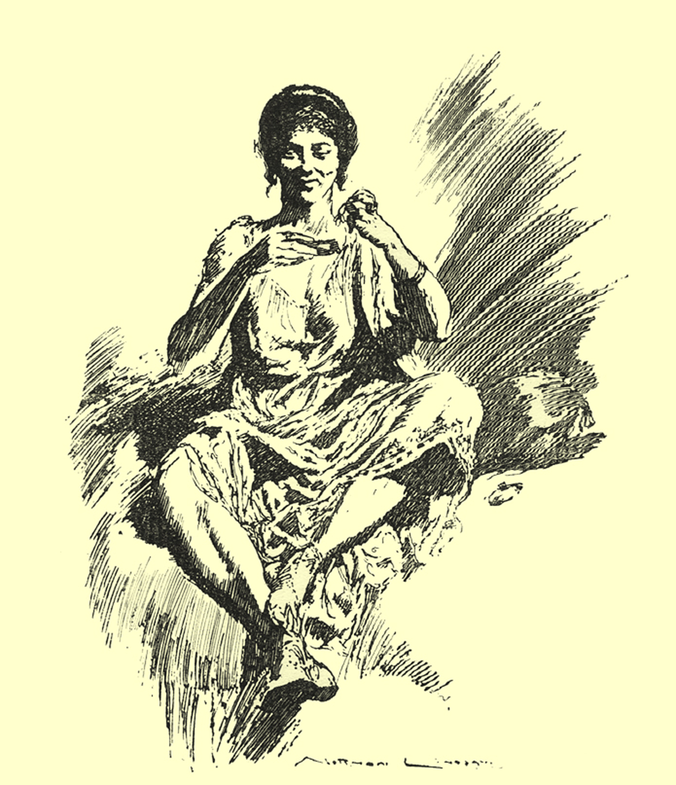 Black and white pen and ink drawing by Norman Lindsay, of a seated woman, holding something in her hand.