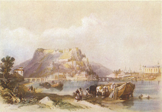 Colored drawing of a medieval fortress with stark walls on a mountain-top in the background, overlooking a village.  A river with a large boat is in the foreground with horses and people on the bank next to it.