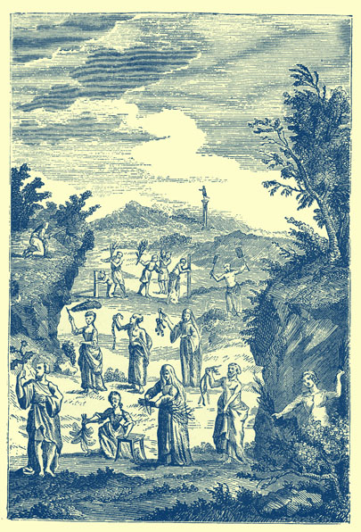 Black and white engraving of desert landscape with several figures scattered throughout, holding whips, and ropes, and brooms.  The men wear togas and some of the women appear to be in the dresses of the 1700's!