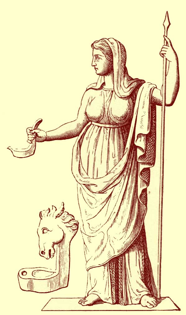 Black and white photograph of a statue of Vesta.  Full-length, buxom, and gowned.  She holds a ladle in one hand and a spear in the other.  At here feet is a fountain with the head of a horse .