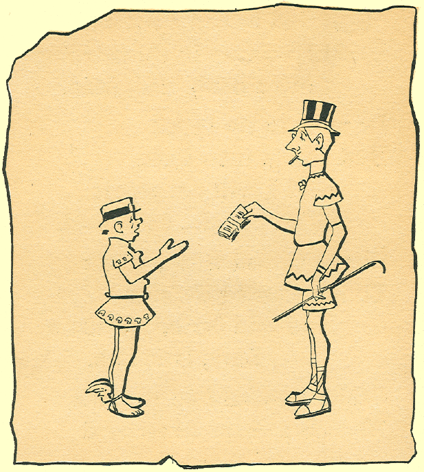 A tall skinny man in a toga, wearing a tophat, holding a short swagger stick, handing some money to a shorter man with wings on his sandals and wearing a cap that could be a messenger boy's or a police cap