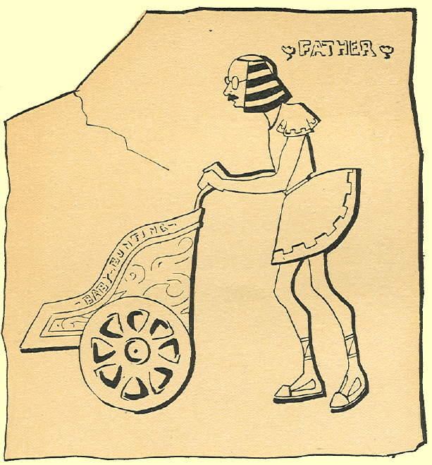 A man with glasses, egyptian wig and print above him that says Father pushing a carriage which lookds like the typical Roman chariot with out the horses