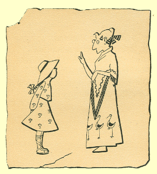 A woman with a pince-nez, shawl and long dress with three storks on it, holding up her hand to talk to a girl with a modern short dress, pigtail down her back and a modern hat