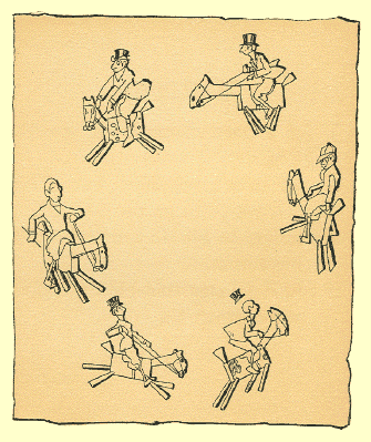cartoon sketch by T. Gilbert White, a circle of 6 men riding on wooden horses in varying poses