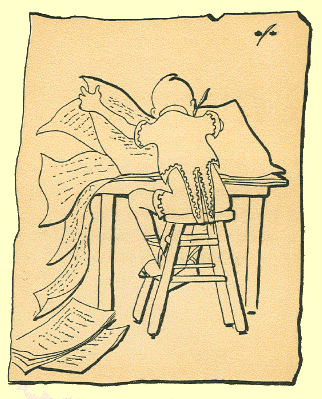 cartoon sketch by T. Gilbert White, looking from behind, at an obviously youthful scribe on a stool, writing feverishly in a huge book on a desk, he is clad in a toga with a shortcoat over it