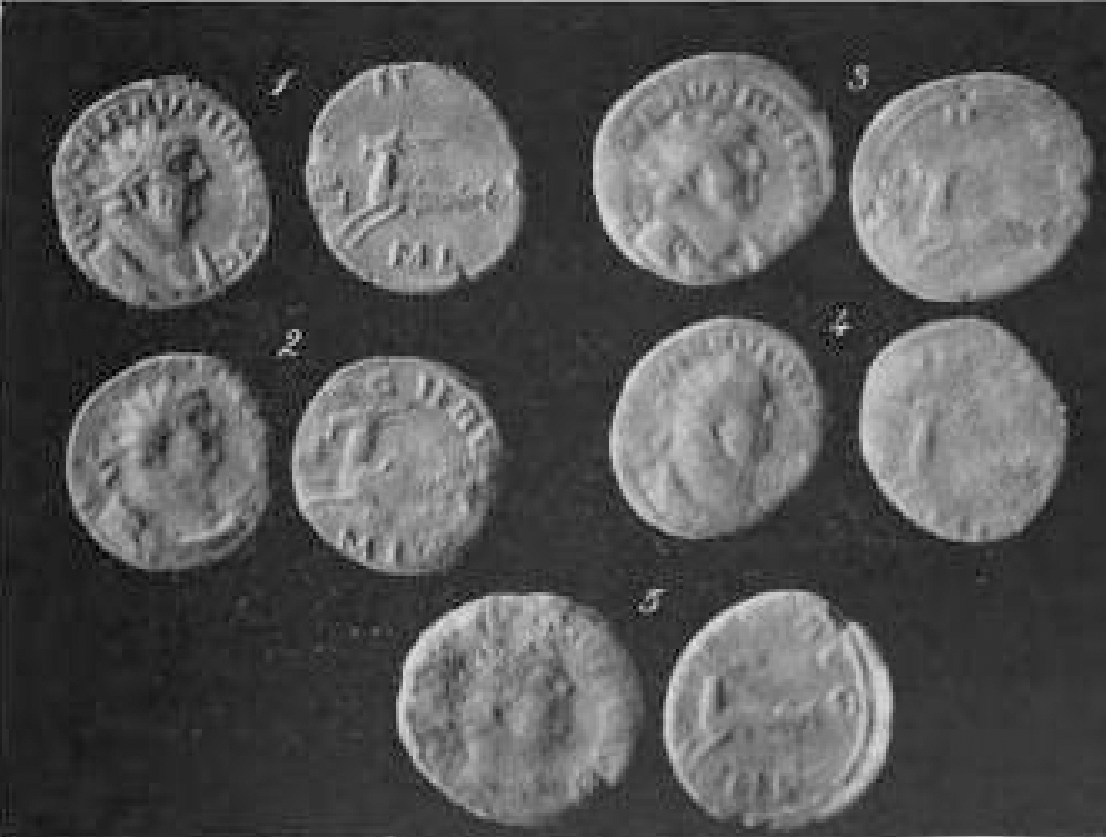 Black and white photograph of 5 Roman coins of Carausius, with the second legion, and a sea-goat, and head of Emperor.