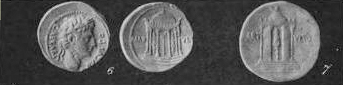 Black and white photograph of a Roman coin with the head of Augustus with a temple on the obverse.