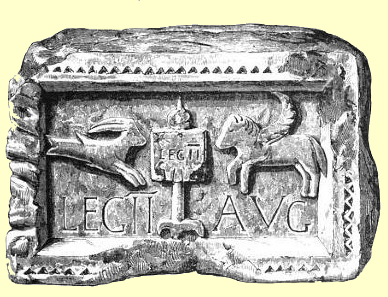 Black and white engraving of a stone block with a carved relief of a sea-goat and a horse, and an inscription, with a banner of the Legion II Augusta.