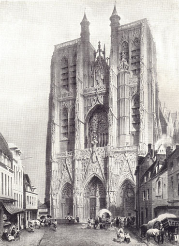 Black and white drawing by G. Simonau of a Gothic cathedral, with much smaller multi-storied buildings seen on either side of the street leading to its entrance.  People and carts are seen on the street.