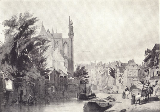 Black and white drawing by T. S. Boys of a river with boat.  A church is on one side, and a cluster of multi-storied buildings on the other.