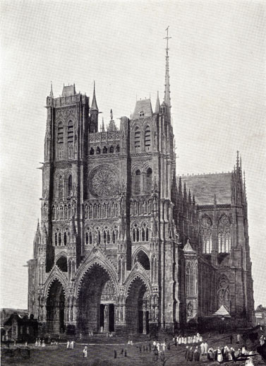 Black and white drawing by C. Wild of the West Front of Amiens Cathedral, a Gothic building, with very small figures in the foreground showing how tall it is in comparison.