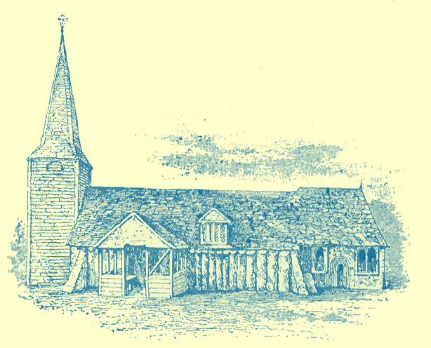 A black and white engraving of the Anglo-Saxon wooden church at Greenstead.