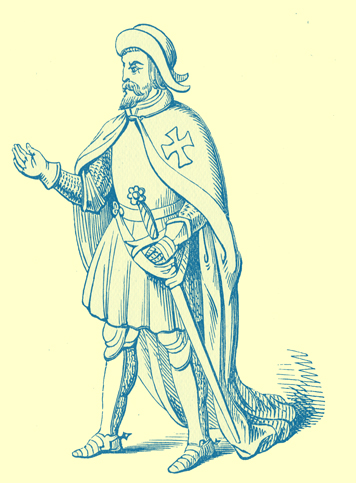 A black and white engraving of a Knight Hospitaller with a cloak bearing a Maltese cross.