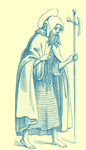 A black and white engraving of a bearded pilgrim in a hair shirt with a cloak, carrying a staff.