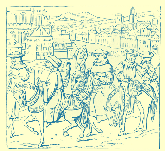 A black and white engraving of a group of medieval pilgrims on horseback, with a town in the background.