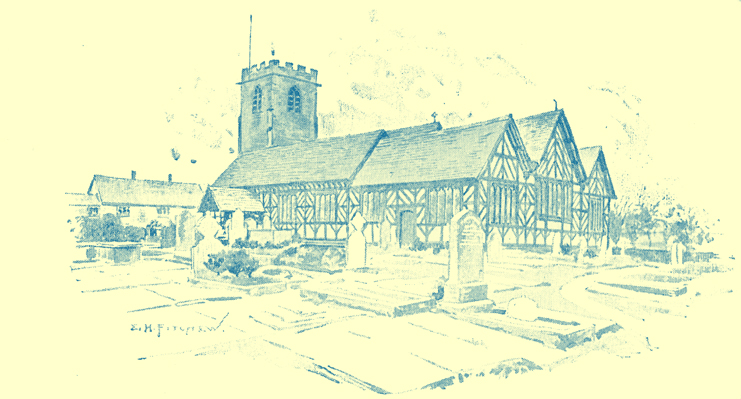 A black and white engraving of the plaster and lath church at Lower Peover.