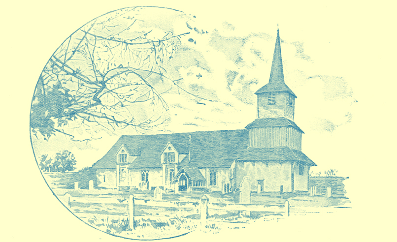 A black and white engraving of the Wooden Blackmore Church in Essex, England.