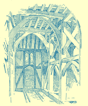 A black and white engraving of the interior timber work of the tower of Margaretting Church.