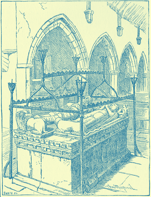 A black and white engraving of the herse at the Marmion Tomb, Tansfield.