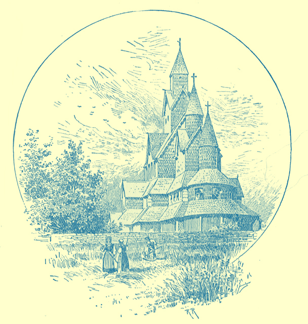 A black and white engraving of the whimsical wooden stave kirk of Hitterdal, Norway.