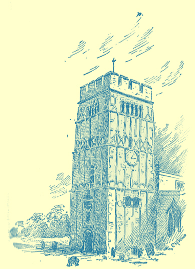 A black and white engraving of the church tower of stone that looks like it was made of wood, at Earl's Barton, Northamptonshire.