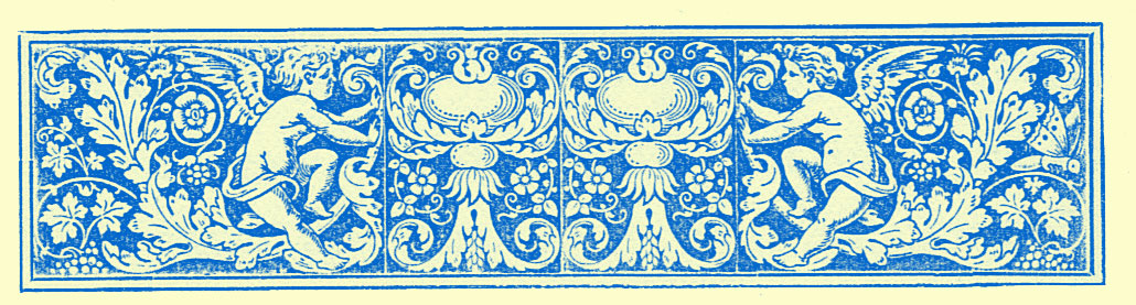 stylized border engraving of cherubs and interlacing vines