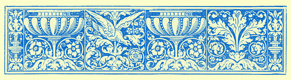 stylized border engraving of birds, vases and interlacing vines