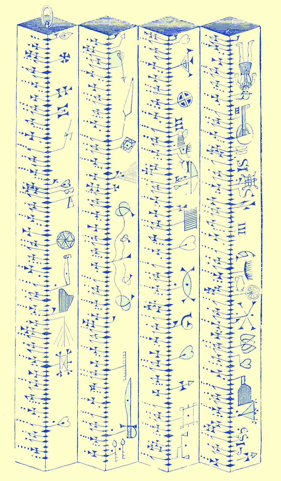 An engraving of a clog-almanack, described in the text of Chapter on Curious Symbols of the Saints.