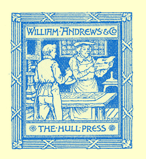 Engraving of a square Printer's Logo of a man reading a sheet over a press. The back of an aproned printer is seen on the other side, with the name of the press in banners above and below the picture.