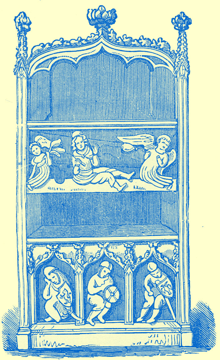 An engraving of a three dimensional cabinet with two shelves and two front pieces below the shelves themselves with carvings.  The bottom one with three nights and the top with three angels as described in the text.