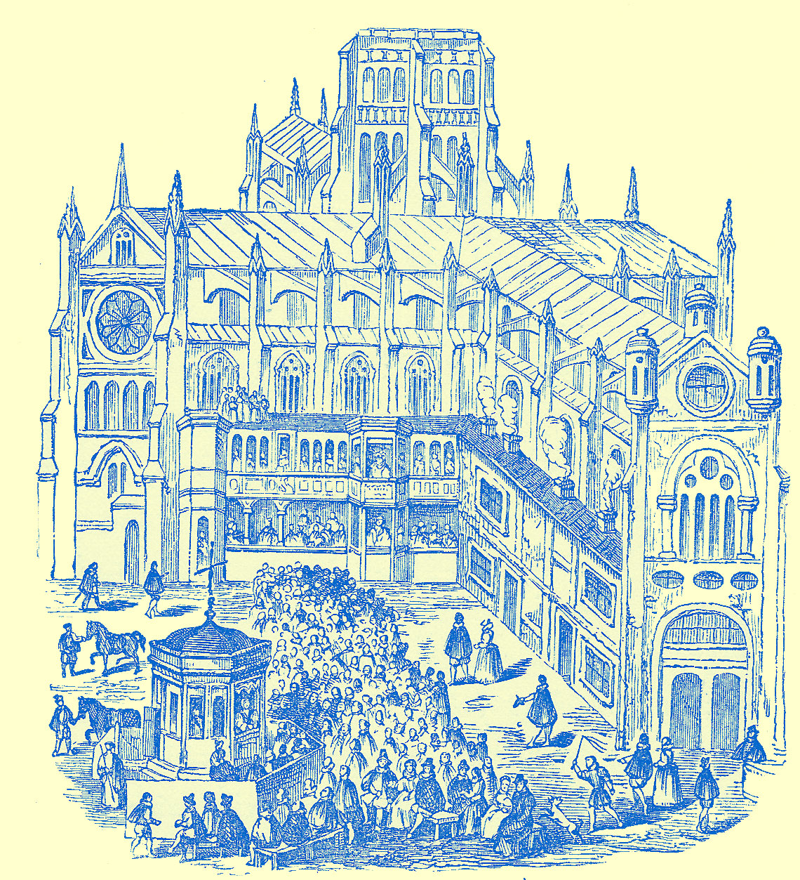 An Engraving of a large cathedral, two wings are shown and at their intersection is a square with a small building with a cupola in the middle.  Around it are many people, on the wings are boxes in two rows containing people. See description in text.