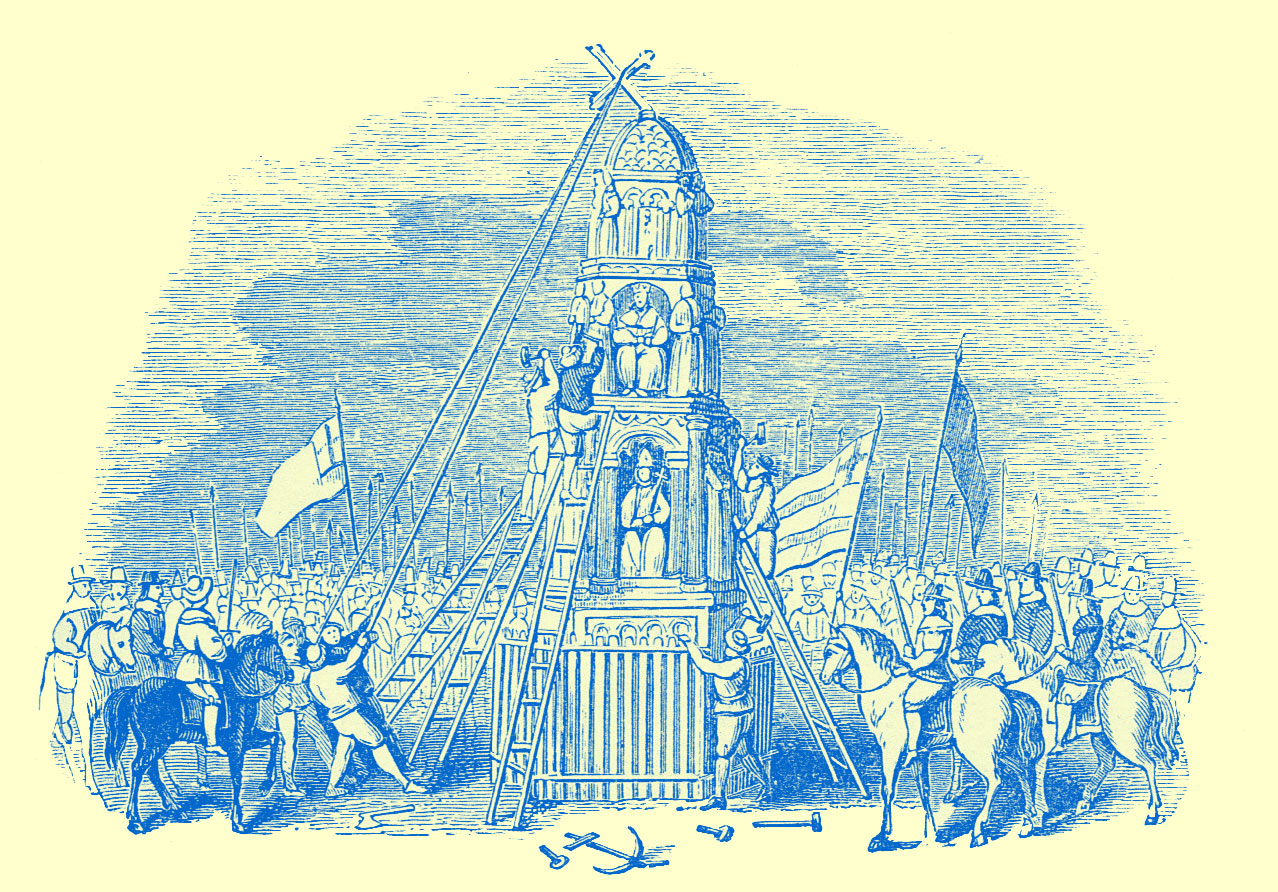 An engraving of a large monument, with people on foot and on horseback, pulling at ropes tied to the cross on the top if it.  People are on ladders leaning against it.  Flags abound, and some tools lie in the foreground. 