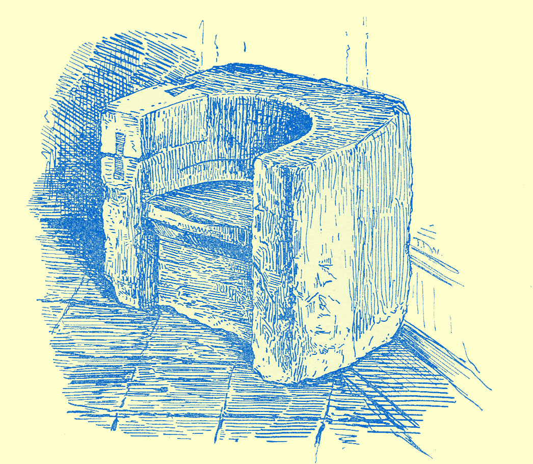 An engraving of the Fridstol, or Chair of Peace, it is a carved stone chair, simple in design with a half circle shape with a flat seat halfway down carved from a half squarish block of stone with rounded corners.