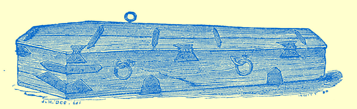 Engraving from a drawing by J. H. Doe, of a coffin of wood with metal hinges and two sets of rings attached on the sides, [for ropes?]. 