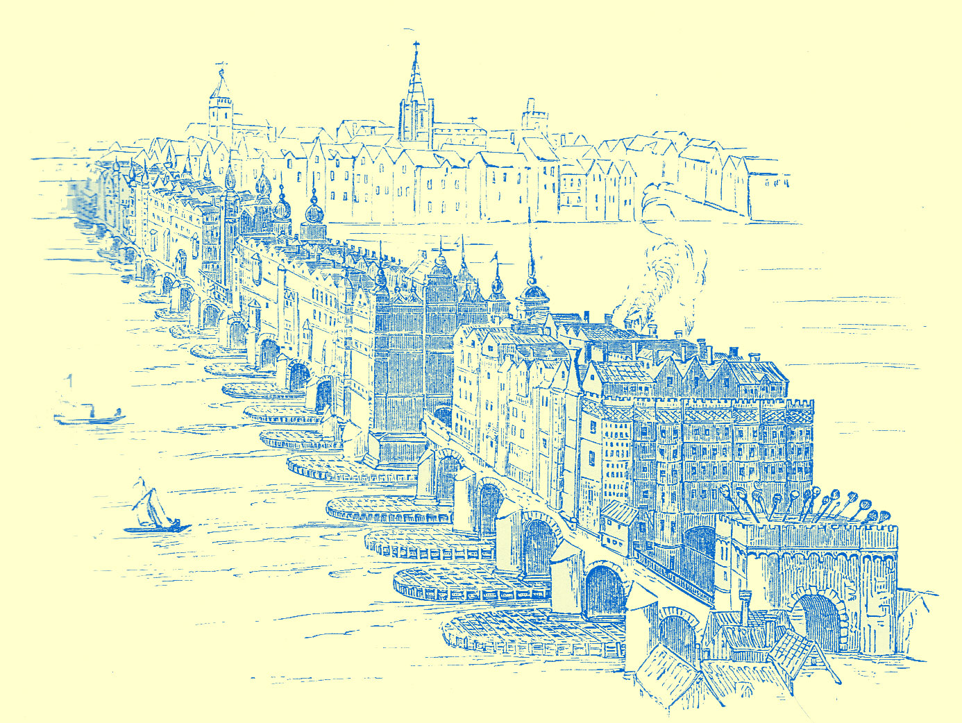 An Engraving of the old London Bridge with many multi-storied buildings crowded all along it.  It is shown over the River and the town of London is shown in the distance.