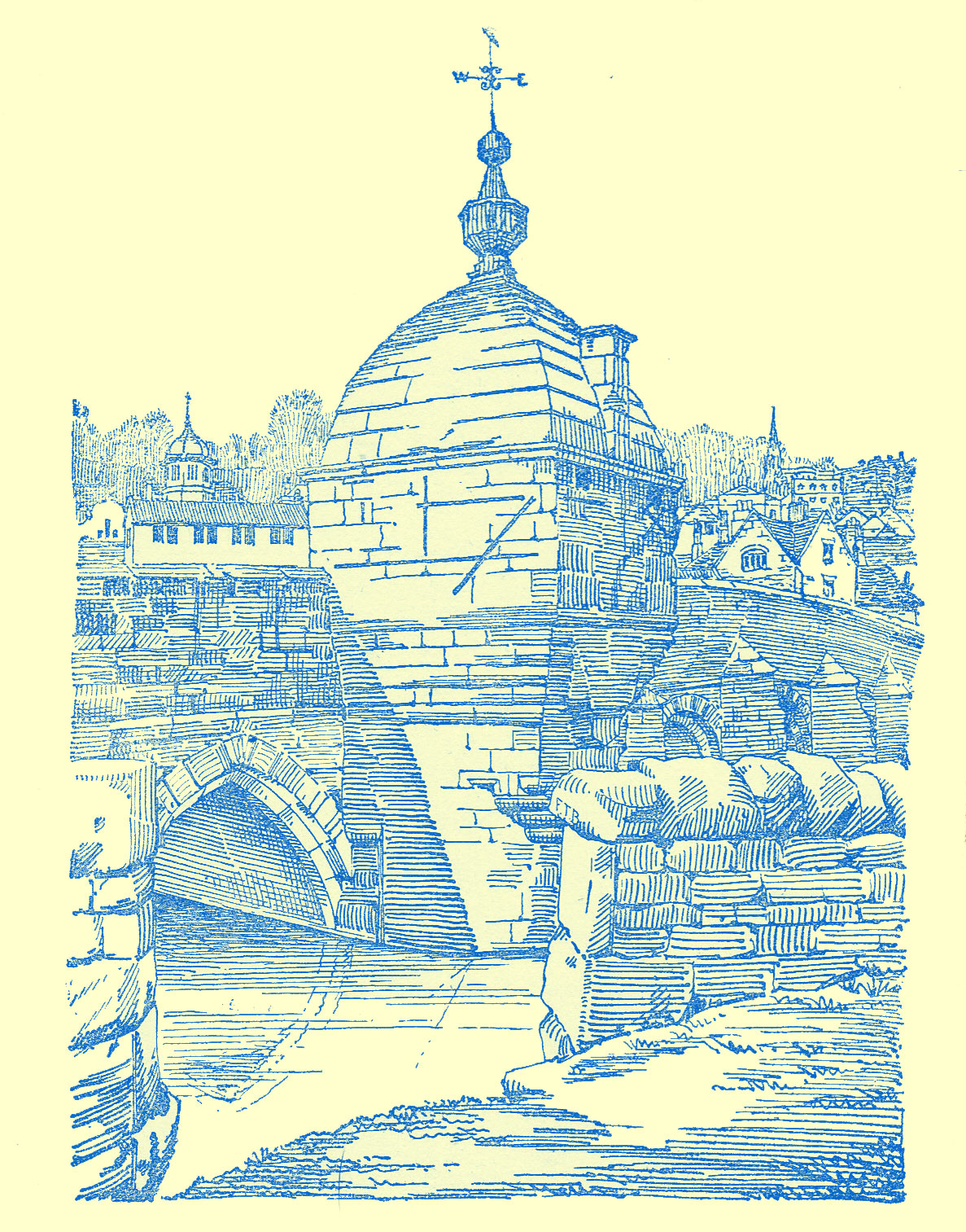 Engraving of a stone bridge, with a small domed structure built on it, topped with a weathervane. 