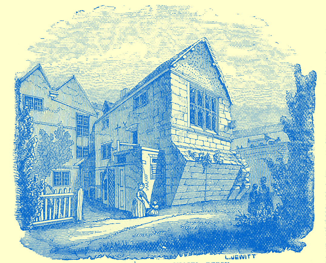 An engraving by Llewellynn Jewitt, of a cottage with a little yard, and a lady and infant in the foreground, with another strcture in the background.