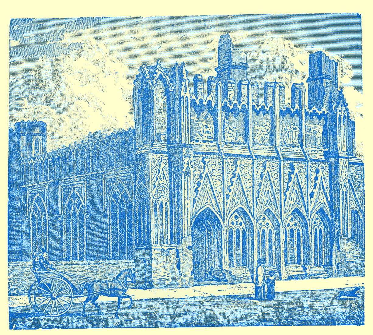 Engraving of a large gothic building, rectangular in shape, with arched doorways.  A man in a buggy is pulled by a horse, and a lady and child are on the lawn looking at it.  A small blakc dog is seen running away to the right by them.