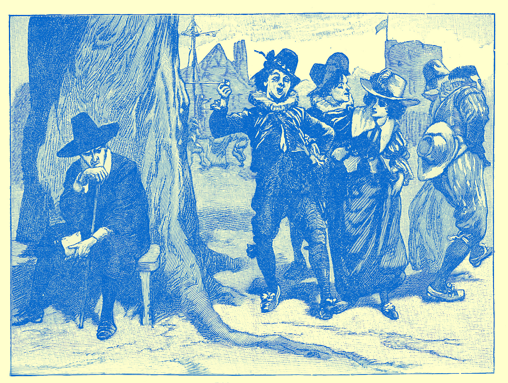 An Engraving of a frowning puritanical figure in black with a small ruff and black hat, sitting on a bench at the base of a large tree, with his hand to his mouth. Next to hom are walked a group of five people, two women and three men, with gay clothing and enjoying themselves, to appear to be dancing as they go. 