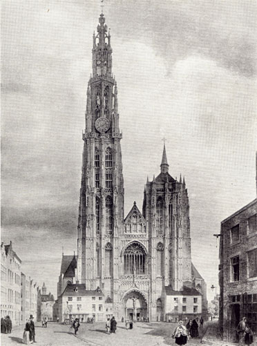 Black and white sketch of the West Front of the Cathedral at Antwerp, by G. Simonau.  A few people can be seen walking in the foreground.