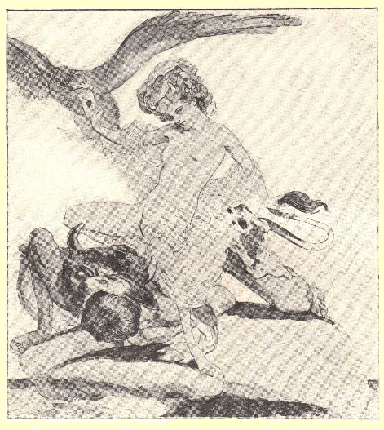 Picture of a hude girl with two small horns on her head, giving a letter to an eagle and riding a bull, by Marquis de Bayros.