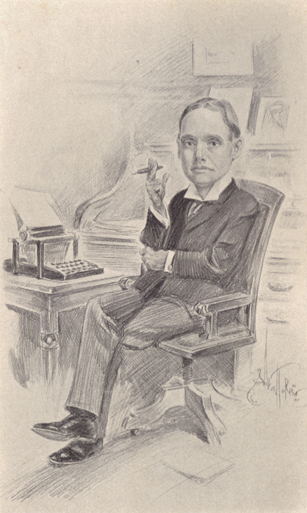 Black and white sketch by Albert T. Reid, of Elmer House, sitting smoking a cigar at his desk.