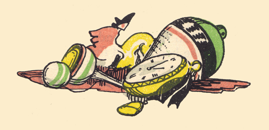 An engraving, in color, by Claud Lovat Fraser, of some toys, includin a top, watch, and cup and ball.
